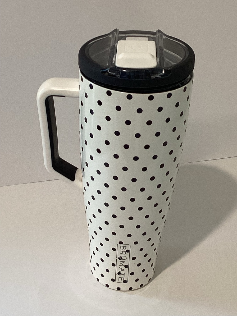 BrüMate White & Black Polka Dot Insulated Travel Tumbler with Handle